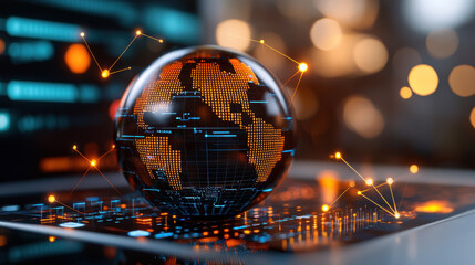 3D digital globe with data points and connections, showcasing futuristic design. globe is illuminated with orange and blue lights, representing global connectivity and technology