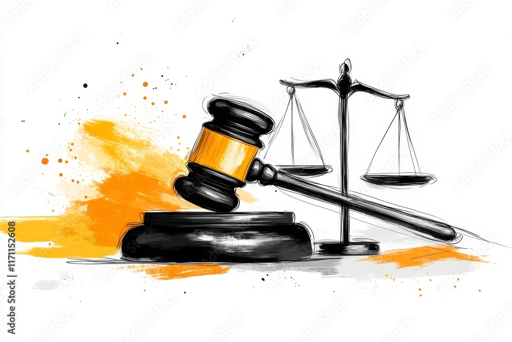 Poster a simple 2d illustration of a gavel and scales, drawn in bold, clean lines on a white canvas