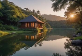 Obraz premium A charming house is on a small island in a serene lake