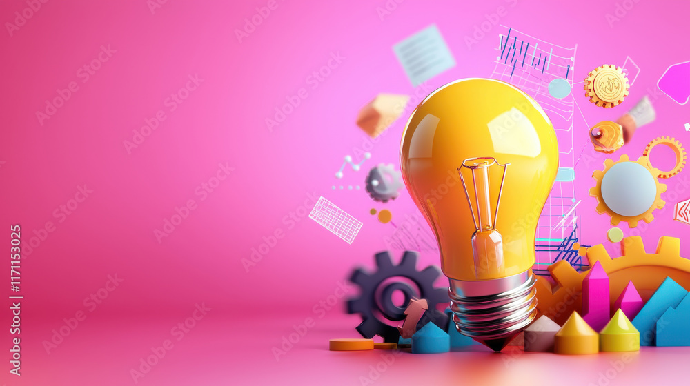 Fototapete bright lightbulb symbolizes innovation, surrounded by colorful geometric shapes and gears, represent