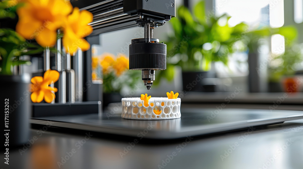 Fototapete 3D printer creating detailed design with flowers, showcasing innovation and creativity in technology. vibrant colors and intricate patterns highlight modern craftsmanship