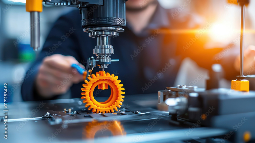 Aufkleber Assembling 3D printed mechanical part with precision tools in workshop. focus is on vibrant orange gear being fitted into machine, showcasing advanced technology and craftsmanship