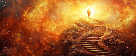 Man ascends a fiery staircase towards a bright light in a cosmic landscape.