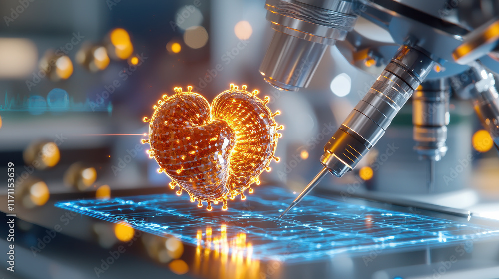 Poster 3d printed organ being tested under microscope, showcasing advanced biomedical technology and innova