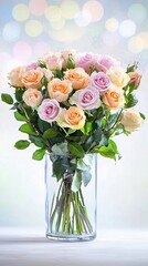 Naklejka premium Pink valentine and flowers. A bouquet of pastel roses in a clear vase, set against a soft, blurred background.