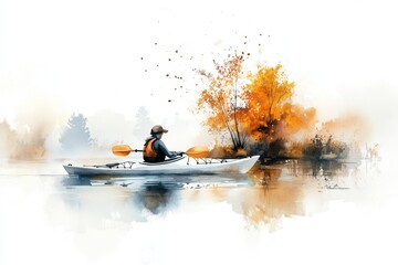A soft watercolor painting of a kayaker gliding across a peaceful lake, surrounded by gentle pastel tones of nature