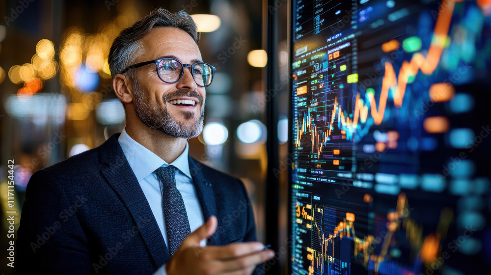 Leinwandbilder business leader analyzing economic growth strategies with data visualization. professional environment showcases financial graphs and charts, reflecting insights and optimism
