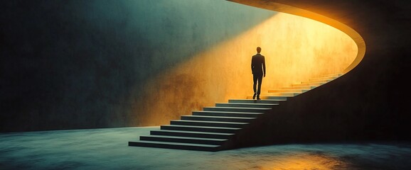 Person ascending a curved staircase towards a bright light.