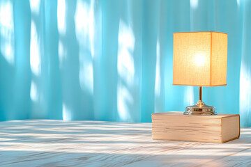 Illuminated book and lamp on desk, sunlit curtains background; ideal for reading, calm atmosphere, education, relaxation
