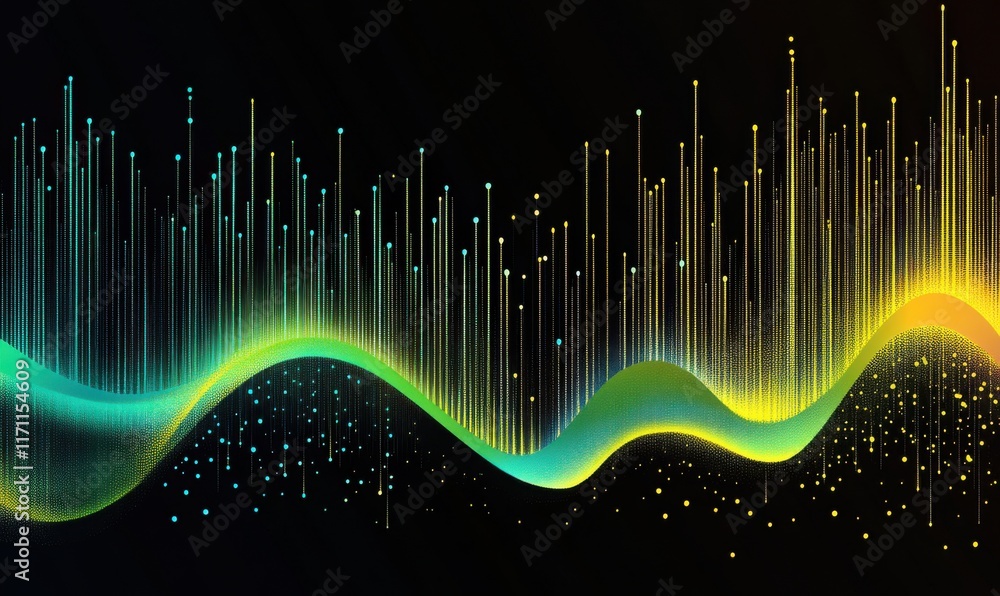Poster colorful sound wave graphic illustrating audio frequency patterns and dynamic music visualization in