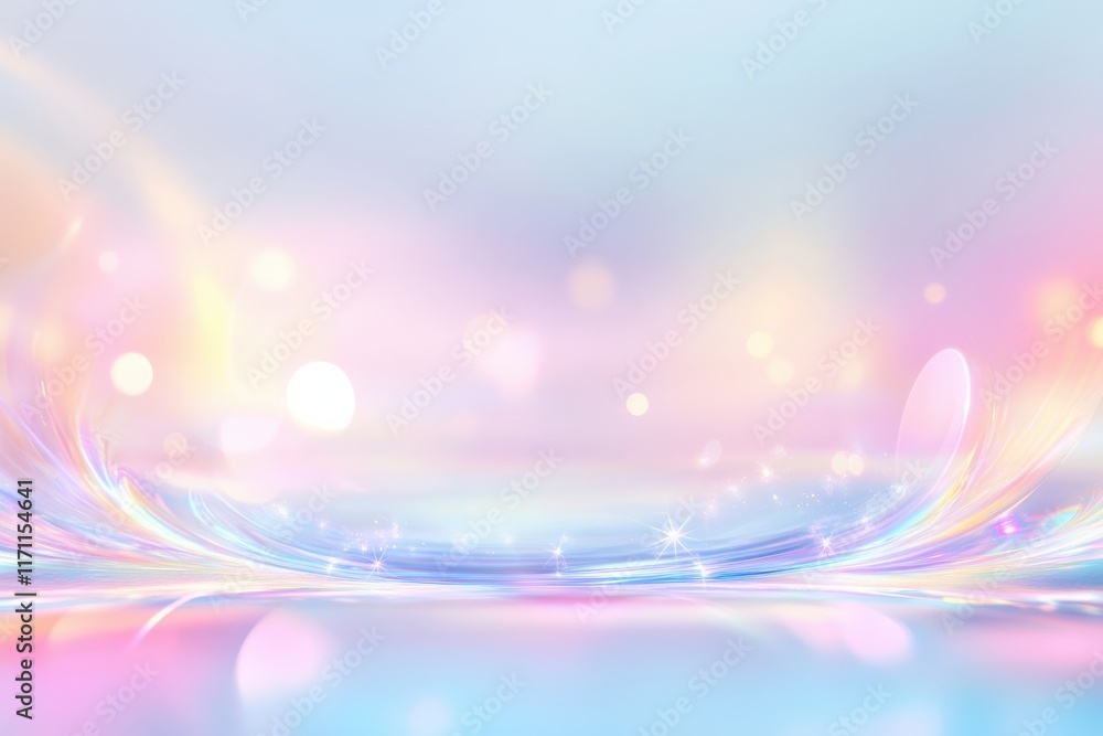 Poster soft pastel blue and white background with shimmering light effects, creating dreamy atmosphere. ide