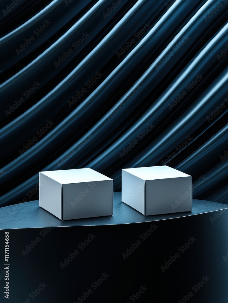 Poster minimalist design featuring two white boxes on a curved surface illuminated by soft blue lighting in