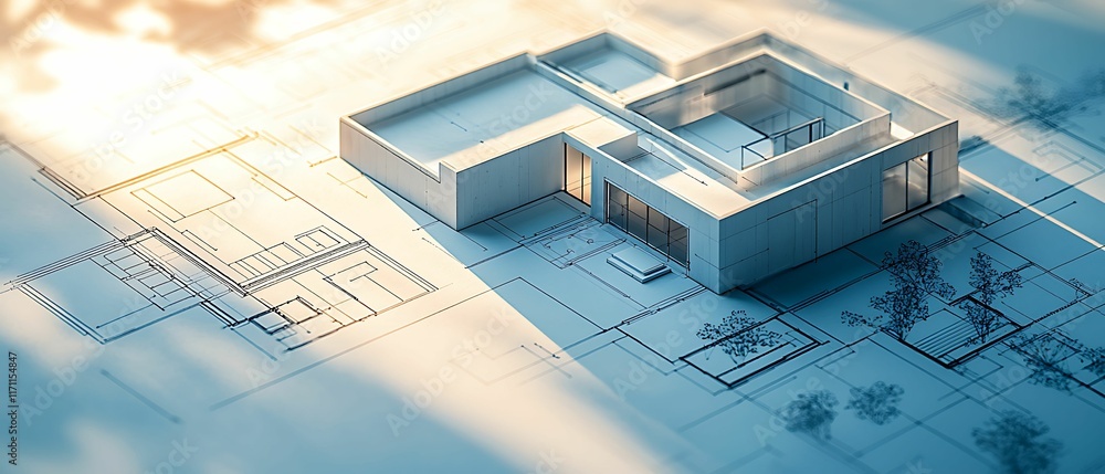 Poster modern architectural design featuring a minimalist building blueprint with soft lighting.