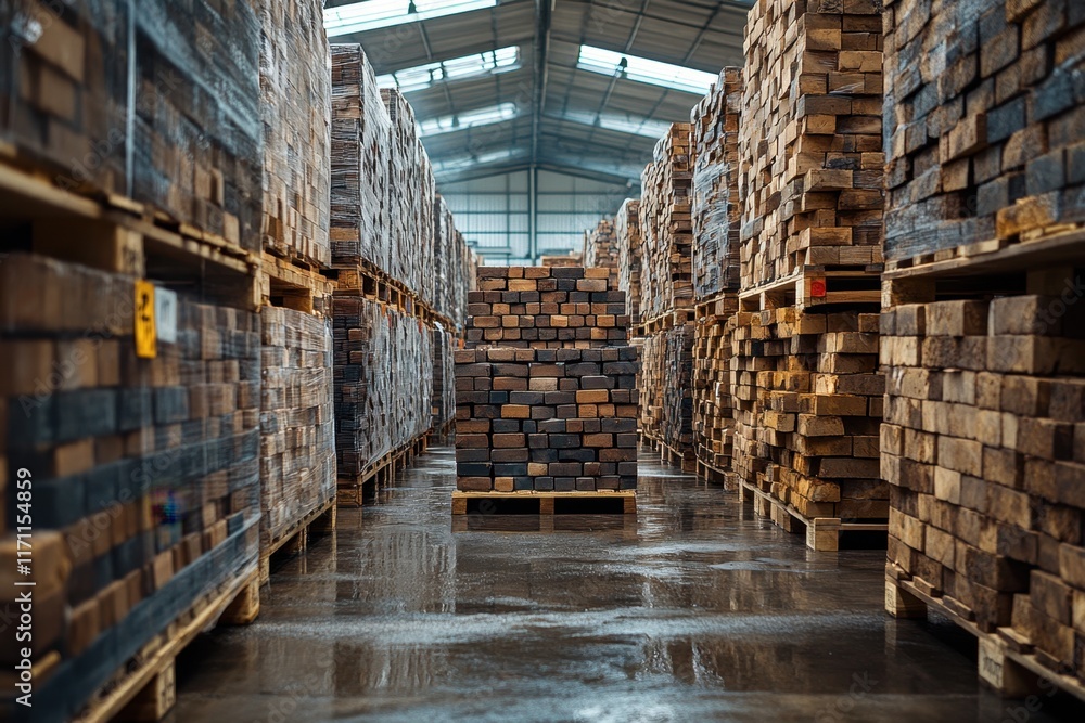 Poster wooden pallets filled with assorted materials line the warehouse for efficient storage. generative a