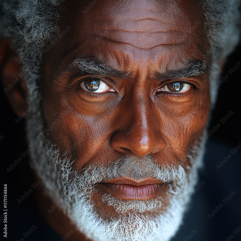 Poster capturing the profound expression of an elderly man with striking features and captivating eyes duri