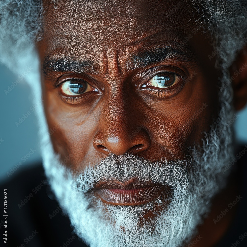 Poster close-up of an older man with striking features and a thoughtful expression against a blurred backgr
