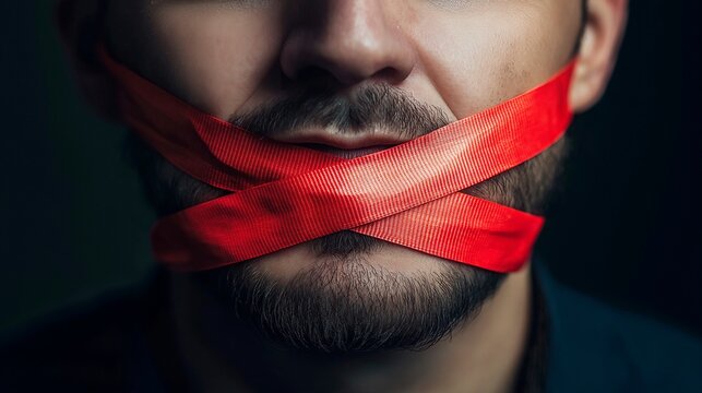The man's mouth is covered with red tape