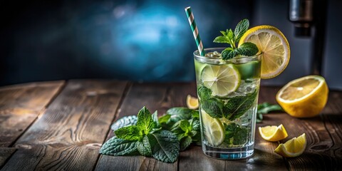 Fototapeta premium Festive event? This panoramic captures a refreshing mint lemon cocktail's vibrant allure.