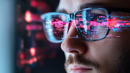 business professional analyzing global trade data through augmented reality glasses, showcasing digital information and graphs reflected in lenses
