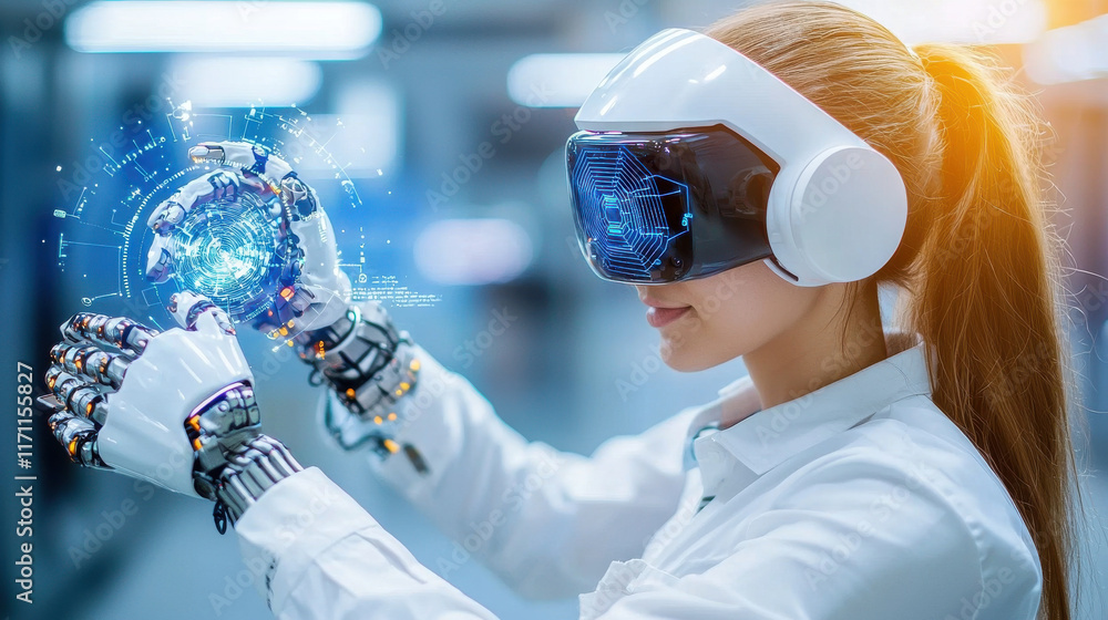 Fototapete innovative woman using virtual reality technology to analyze ai trends. her robotic gloves enhance i