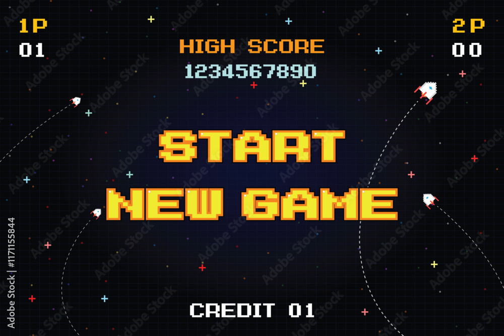 Poster start new game. pixel art .8 bit game. retro game. for game assets .retro futurism sci-fi background