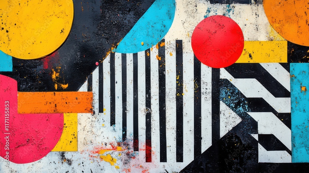 Poster vivid geometric mural showcasing bold colors and patterns on a textured wall, capturing artistic exp