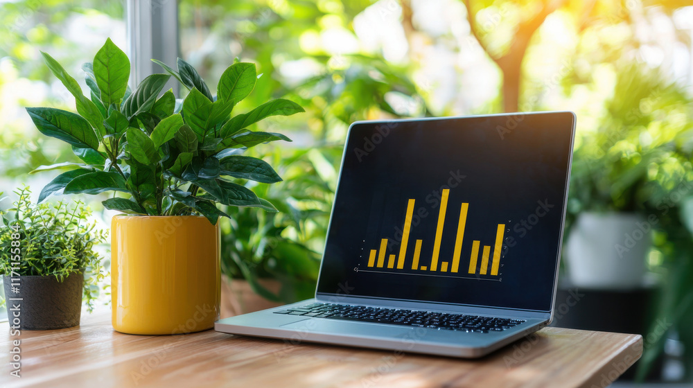Aufkleber laptop displaying market analysis graphs sits on wooden desk beside vibrant green plant, creating pr