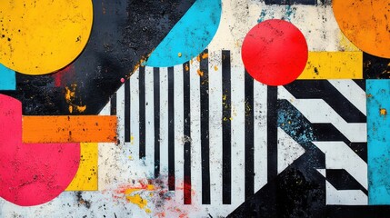 Fototapeta premium Vivid geometric mural showcasing bold colors and patterns on a textured wall, capturing artistic expression in an urban setting