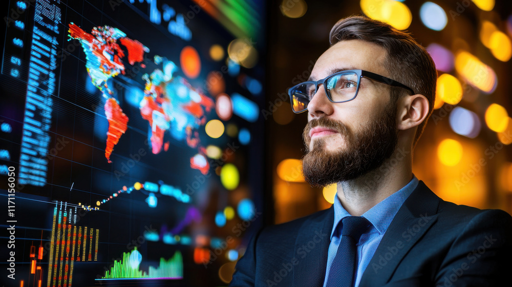 Aufkleber business strategist analyzing data trends on digital screen, showcasing global statistics and market