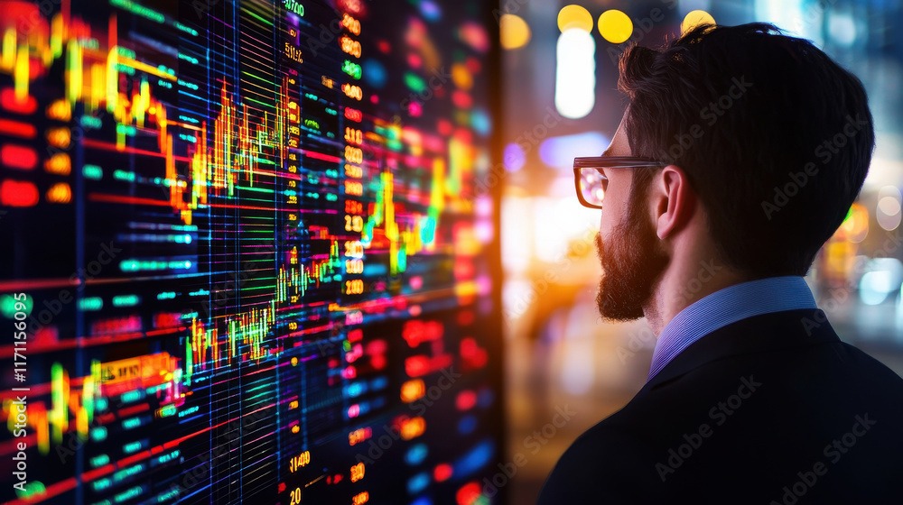 Aufkleber business strategist analyzing financial data on digital screen, showcasing market trends and statist