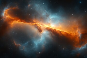 Fototapeta premium Fiery nebula in deep space with orange and blue hues.