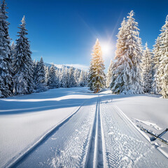 Obraz premium Cross-Country Skiing tracks through the snow on a sunny day