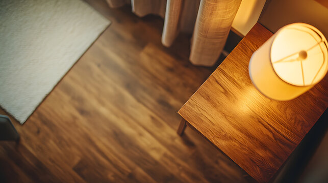 A top-down view of a nightstand in a hotel room with a cozy, blurred background, providing an empty wooden surface for product display and customization in a flawless with copy space 