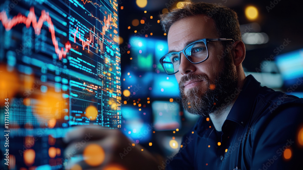 Fototapete focused trader analyzing data on digital screen with charts and graphs. atmosphere is dynamic, showcasing intensity of trading environment