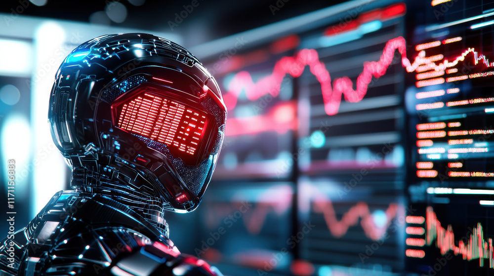 Fototapete futuristic robot analyzing financial data on digital screens, showcasing advanced technology and artificial intelligence in finance. scene conveys innovation and precision