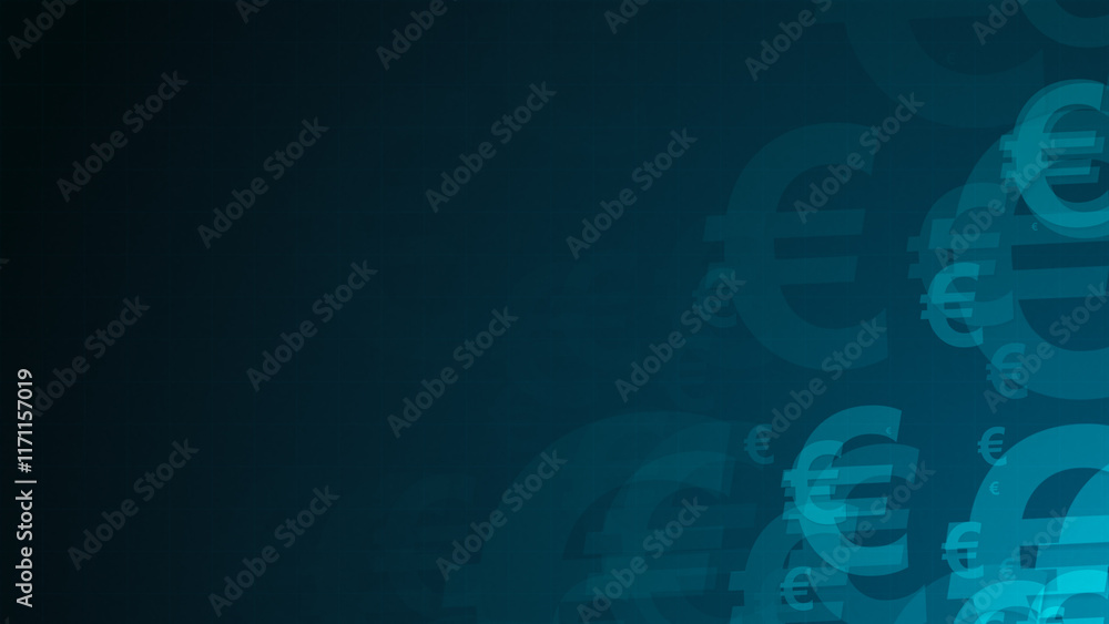 Poster blue euro symbol shapes are moving from the bottom right of a gradient grid abstract background, hor