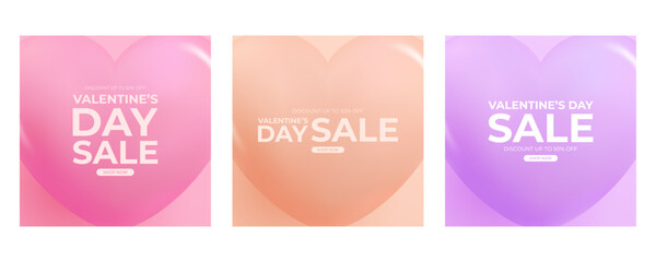 Valentine's Day Sale commercial set with cute 3d glossy hearts for February 14 holiday shopping promotion. Vector illustration.