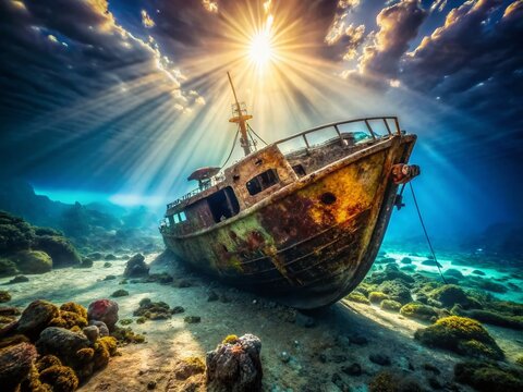 Sunken Scuttled Shipwreck on Ocean Floor - Dramatic Underwater Scene
