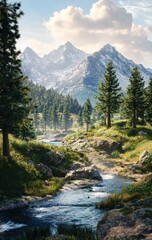 Serene Mountain Stream Flows Through Lush Valley Beneath Snow-Capped Peaks