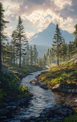 Obraz premium Serene Mountain Stream Flows Through a Lush Forest Landscape