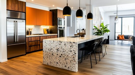 A modern, eclectic kitchen featuring a terrazzo island, contemporary black pendant lights, dark reclaimed hardwood floors, and high-tech stainless steel appliances for a stylish, unique design.