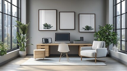 Fototapeta premium Modern city view home office workspace