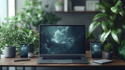 Fototapeta premium Stormy laptop screen, devices, plants, home office, productivity