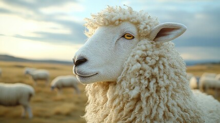 Fluffy sheep standing in a pasture at sunset with a picturesque landscape of rolling hills in the background