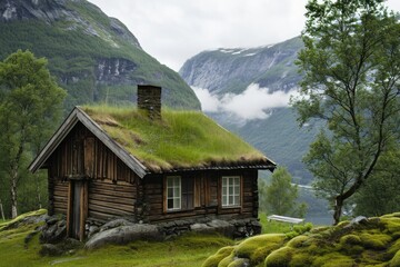 Rustic Charm: Traditional Norwegian Wooden House with Grass Roof nestled in Scandinavian Landscape