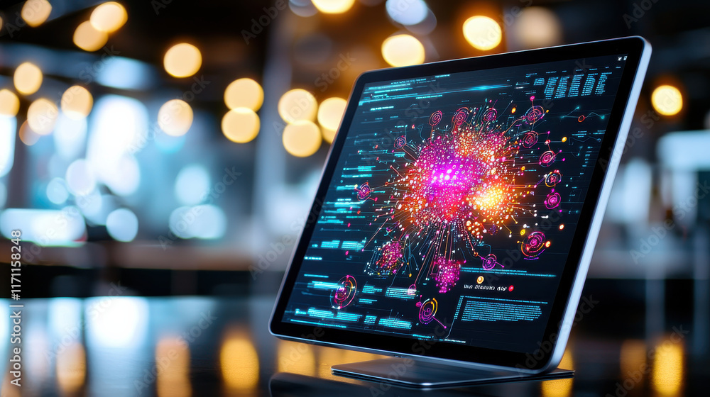 Poster digital screen displaying big data visualization with colorful graphics and data points. vibrant design showcases complex information in engaging manner