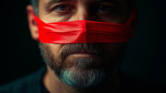 The man's mouth is covered with red tape