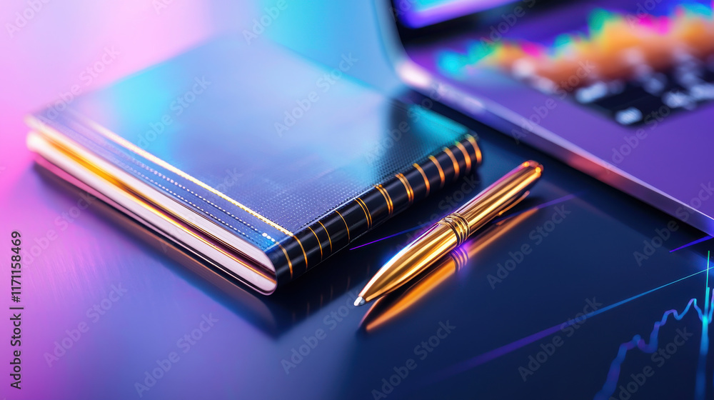 Poster close up of notebook and pen beside laptop, showcasing vibrant colors and modern workspace. scene conveys productivity and creativity in digital environment