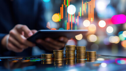 market researcher analyzing financial data on tablet with stacked coins and digital graphs in background, showcasing investment trends and analytics