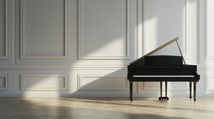 A grand piano in an elegant classical setting framed by dramatic lighting with rich shadows and reflections evoking sophistication and timeless beauty polished and iconic